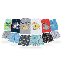 6 Conjunto de Regata Masculino Infantil Algodão e Short Estampas Variadas Tactel