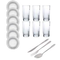 6 Copos Transparente 6 Pratos Diamante Fundo 18 Talheres