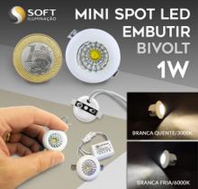 6 Mini Spot LED Embutir Redondo 1W Bivolt Luz Branca Quente/3000k Nichos, Tetos, Paredes, Móveis