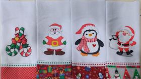 6 panos de prato bordado de natal patchwork com bainha barrado e passa-fita