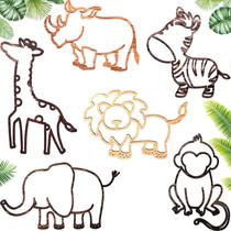 6 Pcs Safari Nursery Decor Jungle Wooden Animal Wall Decor Zoo Woodland Geometric Wall Art com Glue Points for Jungle Themed Room Baby Kids Boy Playroom, Lion Giraffe Elephant Zebra Rhino Monkey