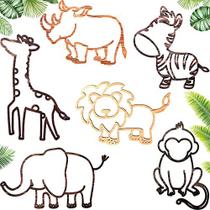 6 Pcs Safari Nursery Decor Jungle Wooden Animal Wall Decor Zoo Woodland Geometric Wall Art com Glue Points for Jungle Themed Room Baby Kids Boy Playroom, Lion Giraffe Elephant Zebra Rhino Monkey