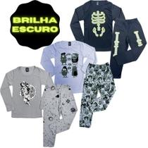 6 Peças de Roupas Pijamas Infantil/Juvenil Masculino 3 Camisa Manga e 3 Calças Q/ Brilha no Escuro - Alikids