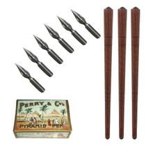 6 Pena Antiga Para Caligrafia + 1 Caixinha + 3 Cabos