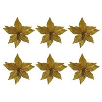 6 Poinsetia Flor Pick Natalina Veludo Glitter Dourado 20Cm