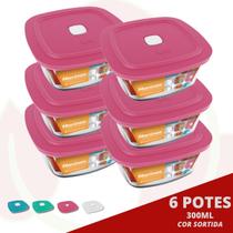 6 Pote de Vidro Quadrado c/ Tampa Sortida Marinex 300ML