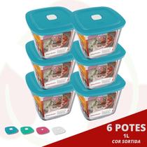 6 Pote Vidro Quadrado Alto Facilita c/ Tampa Sortida 1L Marinex