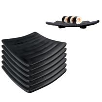 6 Prato Oriental 14cm Quadrado Melamina Preto Japones