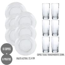 6 Pratos Astral Fundos+ 6 Copos Quadrados Transparente