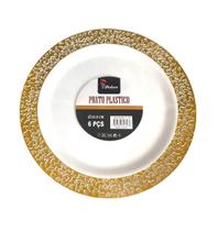 6 Pratos Natal Réveillon Jantar/Petiscos 22.8cm Plástico Resistente Lavável Branco Dourado - Arcolor