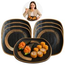 6 Pratos Sushi 22cm Preto Quadrado em Melamina Decorado