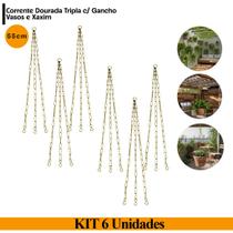 6 Suportes Corrente Tripla Dourada 55cm com Gancho p/ Vasos e Xaxim - Jardim Vertical