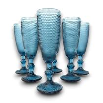 6 Taças Flute Champanhe Bolinhas Azul 185ml Vidro Espumante