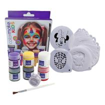 6 Tintas Pincel Glitter + 16 Stencil Pintura Facial Corpo