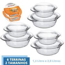 6 Travessas de Vidro Terrina 2 de Cada 1,3L 2,8L Base+Tampa