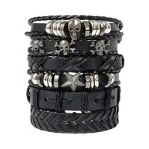 6 unidades / conjunto preto punk caveira e liga em forma de estrela e pulseira de couro pu
