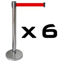 6 X Pedestal Organizador Separador de Fila Cromado Com Fita Retrátil Vermelha