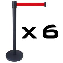 6 X Pedestal Organizador Separador de Fila Preto Com Fita Retrátil Vermelha