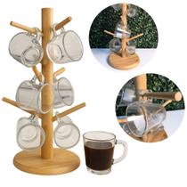 6 Xícaras + Suporte Para Xícaras Feito Em Bambu 15 x 34cm
