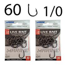 60 Anzóis Live Bait 1/0 Kit Anzol Marine Sports Aço Carbono