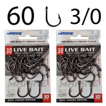60 Anzóis Live Bait 3/0 Kit Anzol Marine Sports Aço Carbono