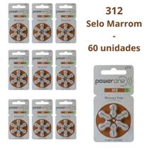 60 Baterias Pilhas para Aparelho Auditivo Power one 312 selo marrom