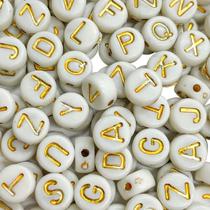 600un Missangas Brancas Redondas com Letras Douradas Alfabeto Para Fazer Pulseiras Colar Bijuteria