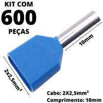 600un Terminal Tubular Ilhós Pré-isolado Duplo Para Cabo de 2,5mm² Metal 10mm Azul TE2510