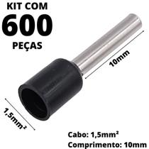 600un Terminal Tubular Ilhós Pré-isolado Simples Para Cabo de 1,5mm² Metal 10mm Preto E1510