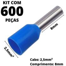 600un Terminal Tubular Ilhós Pré-isolado Simples Para Cabo de 2,5mm² Metal 8mm Azul E2508
