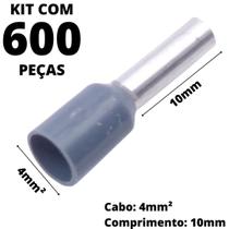 600un Terminal Tubular Ilhós Pré-isolado Simples Para Cabo de 4mm² Metal 10mm Cinza E4010