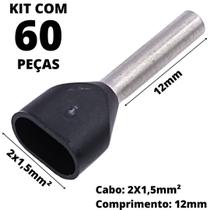 60un Terminal Tubular Ilhós Pré-isolado Duplo Para Cabo de 1,5mm² Metal 12mm Preto TE1512