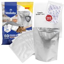 60x Wallaby 1-Gallon Gusset Mylar Bag Bundle - (7,5 Mil - 10" x 14") Bolsas de zíper stand-up, 60x 400cc Absorvedores de Oxigênio, Rótulos 60x - Heat Sealable & Food Safe - Soluções de armazenamento de alimentos de longo prazo - Prata