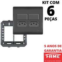 6un Interruptor Simples 10A 2 Teclas e Tomada Padrão Dupla 2P+T 20A Com Placa 4X4 Habitat Black FAME