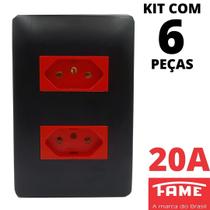 6un Tomada Padrão Dupla 2P+T 20A Vermelha Com Placa Habitat Black FAME