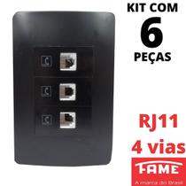 6un Tomada Telefone RJ11 4 Vias Tripla Com Placa Habitat Black FAME