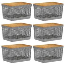 6x Cestos 20L Organizador OU Grid Cinza com Tampa de Bambu 6x Cestos 20L Organizador OU Grid Cinza com Tampa de Bambu