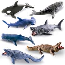 7 Brinquedos Em Vinil Baleia Tubarão Crocodilo Mosassauro - Cometa