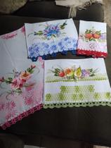 7 Panos De prato pintado a mão com Bico Em Crochê Coloridos