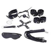 7 Peças c/ Coleira Guia Mordaça Algema Tornozeleira e Chicote Combo Fetiche