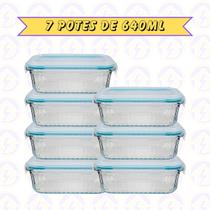 7 Pote Canelado Retangular 640ML Tampa Hermética Frutas Fit Alimentos