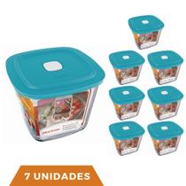 7 Potes Vidro Quadrado Alto Com Tampa Facilita Marinex 1L