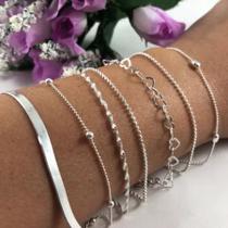 7 Pulseiras Prata 925 Laminada Bolinha Elo C/ Extensor