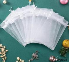70 Saquinhos de Tule Organza 15x20 Branco Com fia Cetim