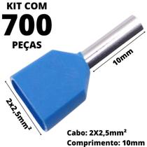 700un Terminal Tubular Ilhós Pré-isolado Duplo Para Cabo de 2,5mm² Metal 10mm Azul TE2510