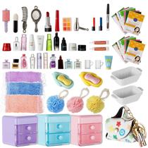 72 peças Dollhouse, mini estojo de armazenamento de joias, bolsa, toalha, conjunto de cosméticos, acessórios de banheiro, escova de dentes, xampu, perfume, secador de cabelo, decoração de bolsa de pente, mochila de boneca DIY, mochila para bonecas, garota, micro cena