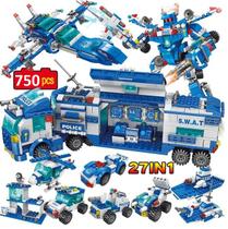 750 peças blocos de montar polícia / swat azul mega caminhão + mega robô + mega avião + veículos - Swatpioneer