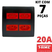 7un Tomada Padrão Quadrupla 2P+T 20A 4X4 Vermelha Com Placa Habitat Black FAME