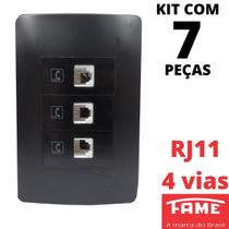 7un Tomada Telefone RJ11 4 Vias Tripla Com Placa Habitat Black FAME