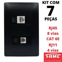 7un Tomada VD RJ11 4 Vias RJ45 CAT 6E 8 Vias Com Placa Habitat Black FAME